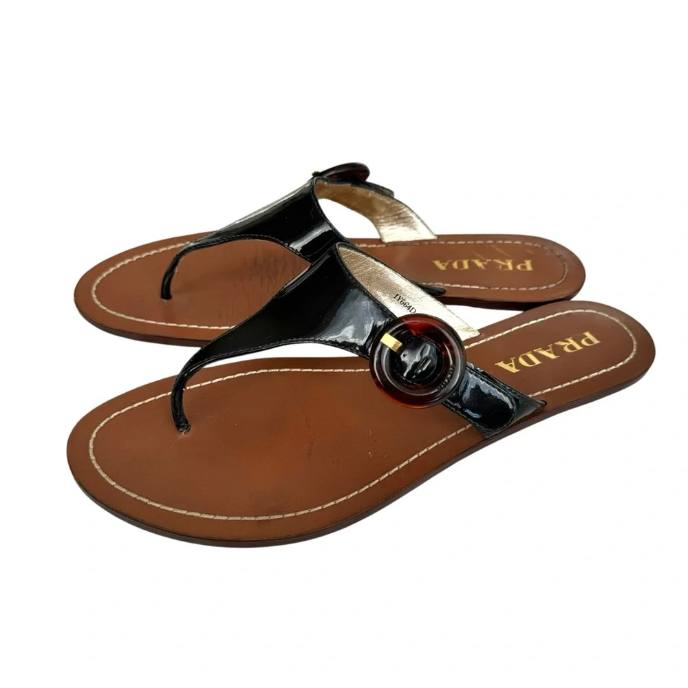 PRADA Black Patent Flat Sandals Leather Thong Slides Women’s 38 - Picture 4 of 17